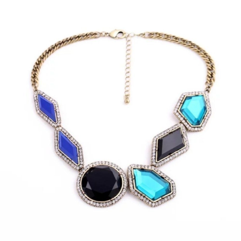 Sea Blue Resin Rhinestone White Crystal Vintage Gold Statement Necklace